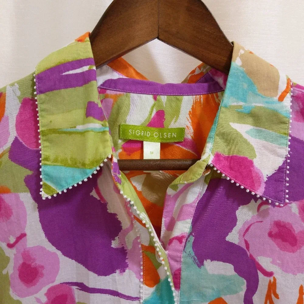 Tropical Cotton Blouse - Long-Sleeve - Beaded - Sz Medium - Picture 2 of 10